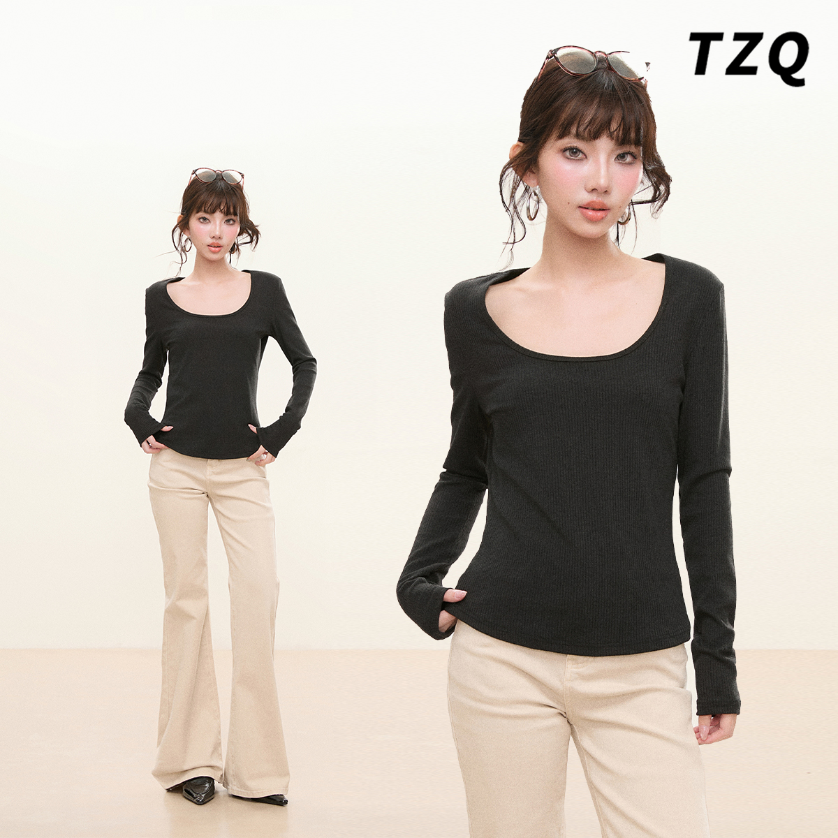 2025冬季U领修身针织长袖T恤女