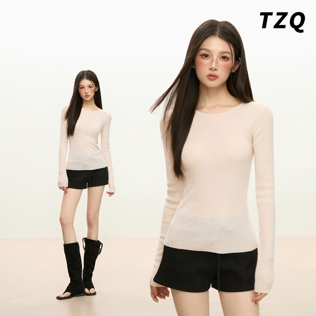 杏色秋冬季新款显瘦正肩长袖t恤