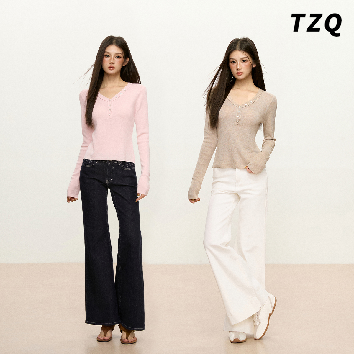 纯色长袖V领纽扣T恤女