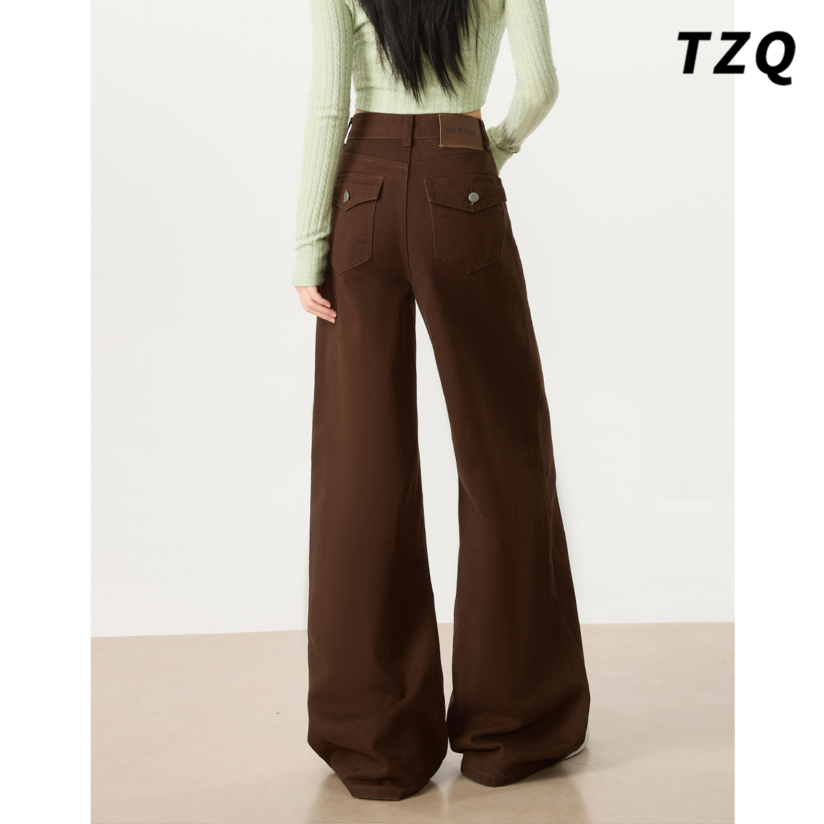 棕色牛仔阔腿新款牛仔裤