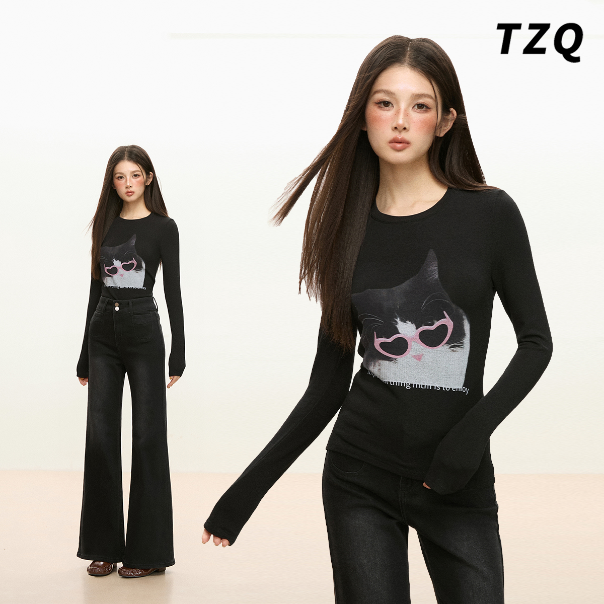 圆领印花内搭打底衫上衣女