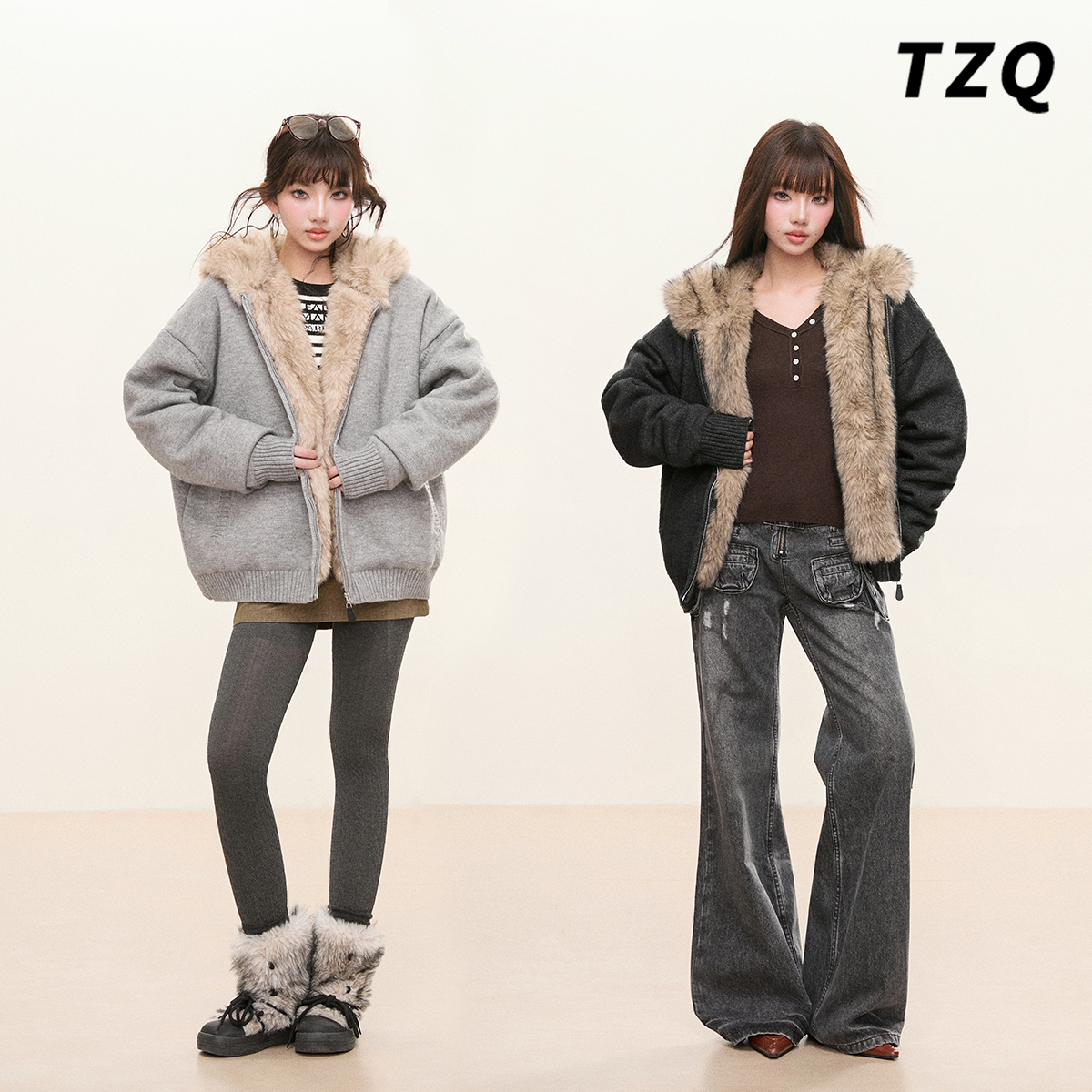 美式复古连帽拉链加绒加厚棉服