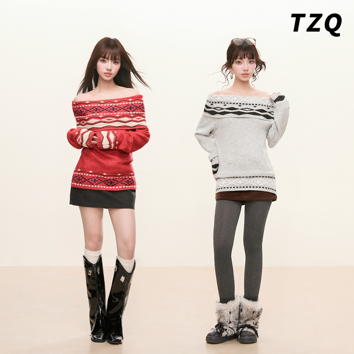 费尔岛风一字肩红色针织衫女冬