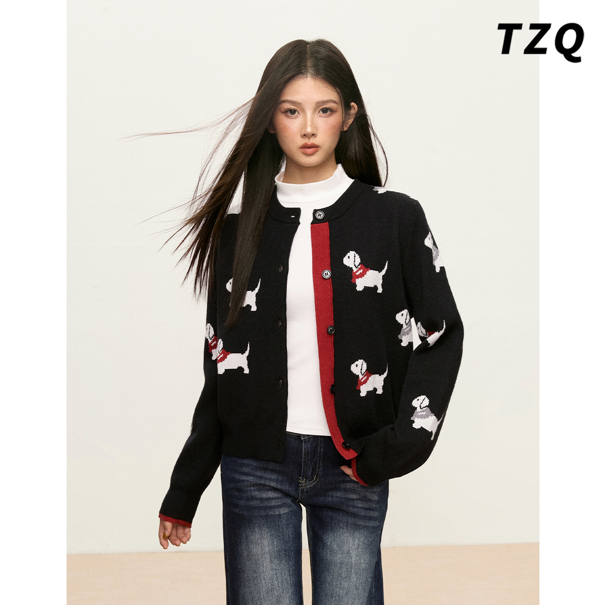 黑色小狗图案针织开衫女