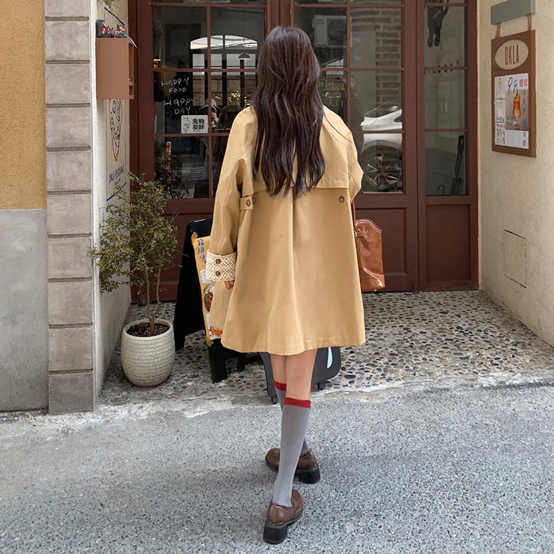 2024秋款中长款风衣外套拼接蕾丝袖2色入#1112-P165-K248,女装风衣,唛多
