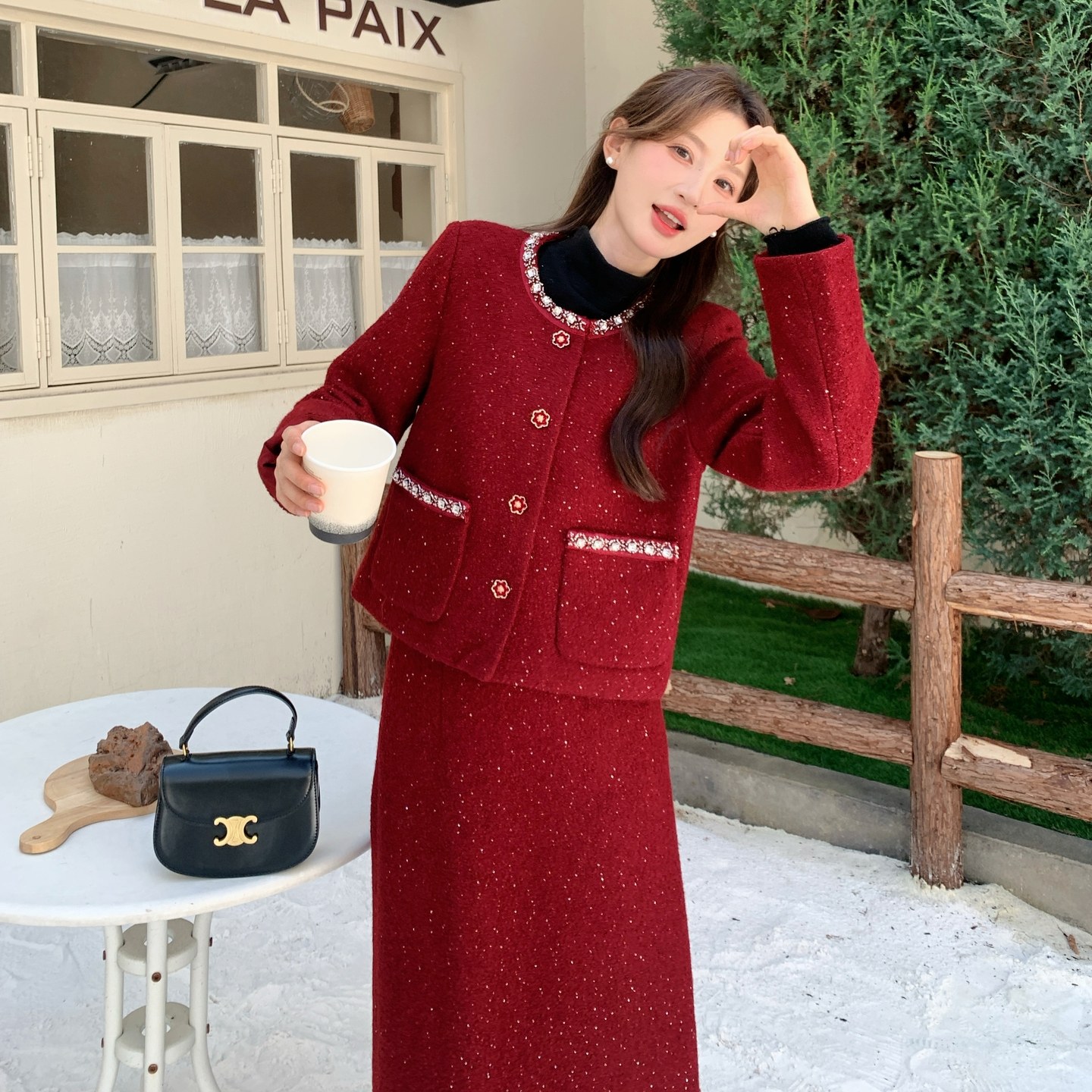 2025冬季新款现货现货小香风红色套装#25203-P205-K308,女装套装/套裙,唛多