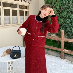 2025冬季新款 现货现货 小香风红色套装#25203-P205-K308图片 2025冬季新款 现货现货 小香风红色套装#25203-P205-K308图片