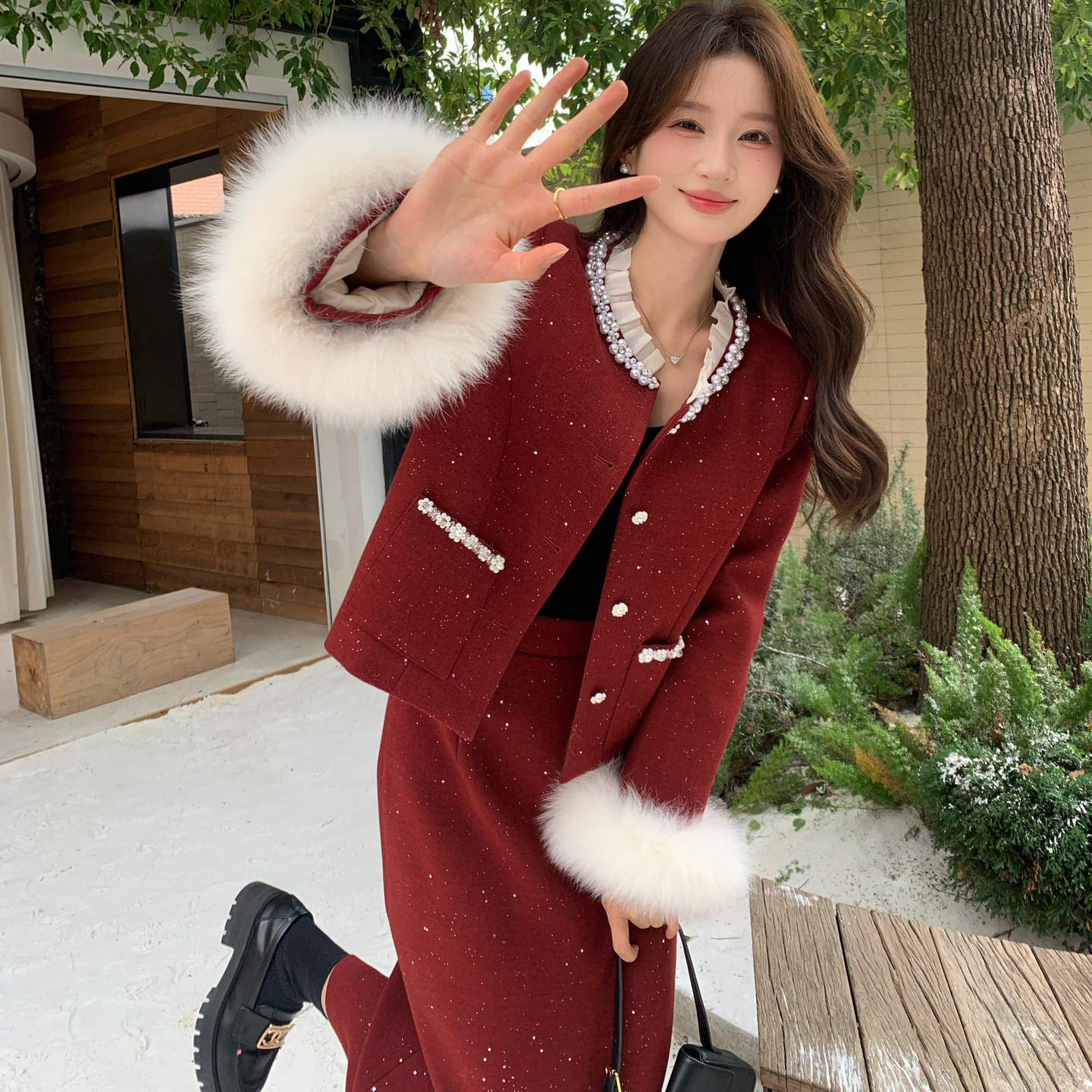 2025冬季现货红色套装羽绒服袖子毛毛可拆卸#25235-p315-k458，女装套装/套裙，唛多