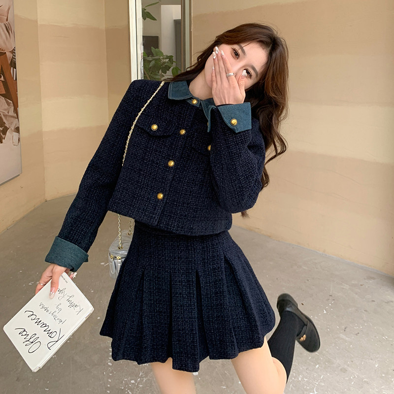 法式复古时尚气质小香风上衣百褶裙套装女2025春秋新款两件套洋气，女装套装/套裙，唛多