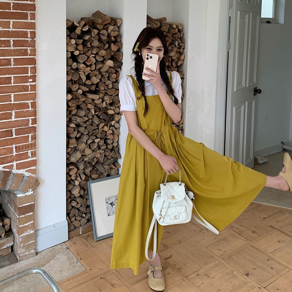 黄色收腰显瘦背带阔腿裤女2025夏季新款韩系小个子减龄宽松连体裤,女装休闲裤,唛多