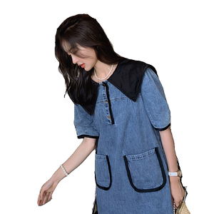 学院风海军领牛仔连衣裙女夏季2025新款设计感温柔风别致独特裙子图片