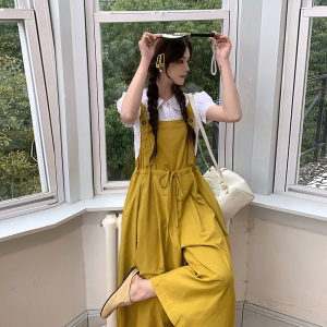 黄色收腰显瘦背带阔腿裤女2025夏季新款韩系小个子减龄宽松连体裤图片