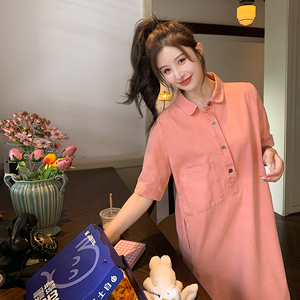 粉色牛仔连衣裙女夏2024新款法式气质小个子衬衫裙港风高级感小众图片