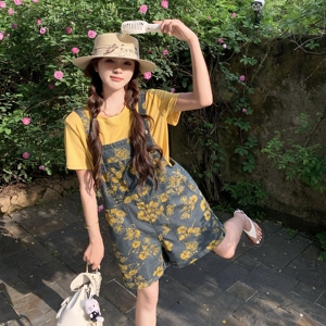学院风碎花牛仔背带裤套装女夏2025新款小个子两件套大方得体韩系图片
