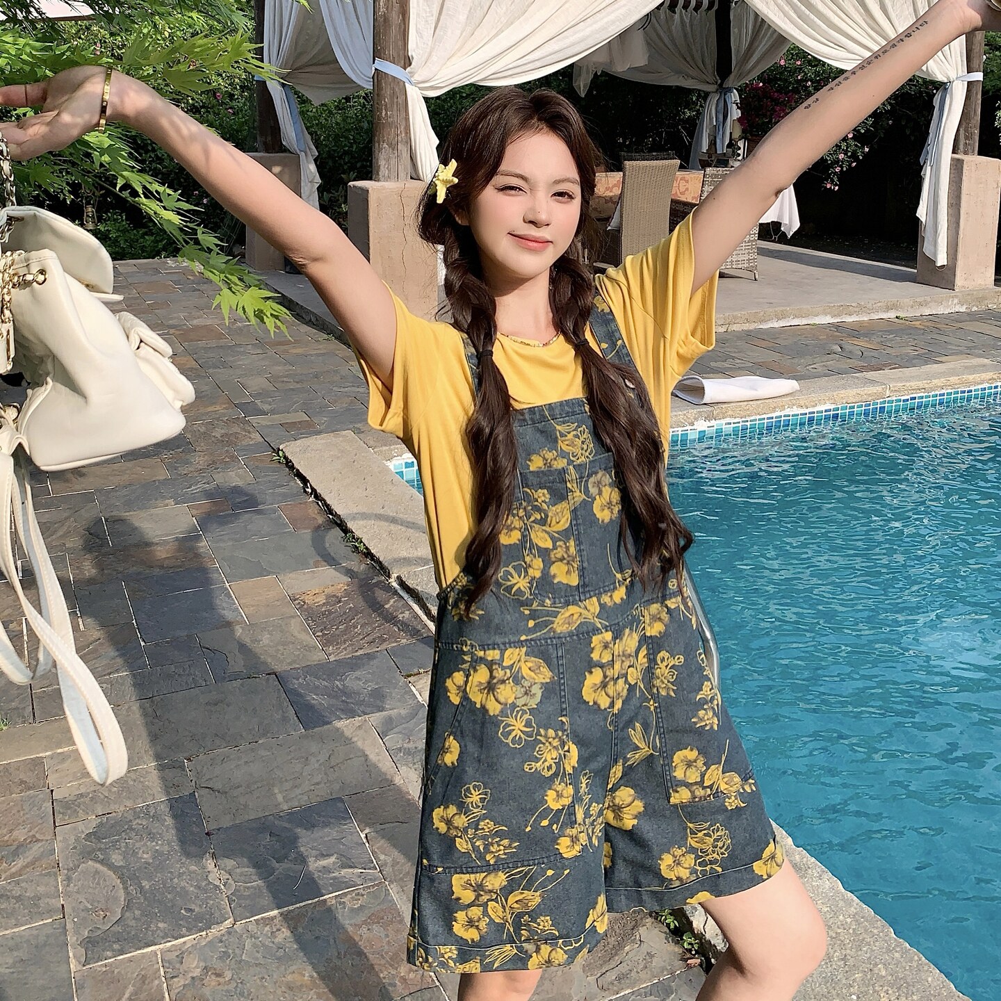 学院风碎花牛仔背带裤套装女夏2025新款小个子两件套大方得体韩系，女装套装/套裙，唛多