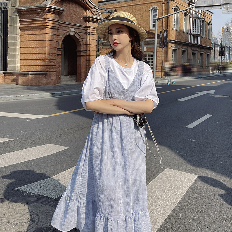 2025夏季连衣裙现货蓝色条纹背心裙#3036-P105/K158-,女装连衣裙,唛多