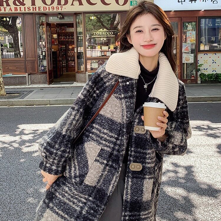 2025冬款现货格子毛呢外套配针织领#3128-P165-K248,女装毛呢外套,唛多