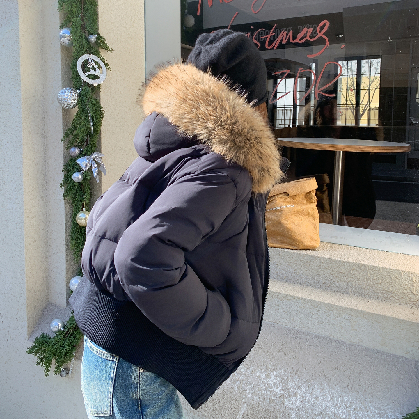 2025冬季新款黑色羽绒服帽子可拆卸#25251-P295-K438，女装羽绒服，唛多