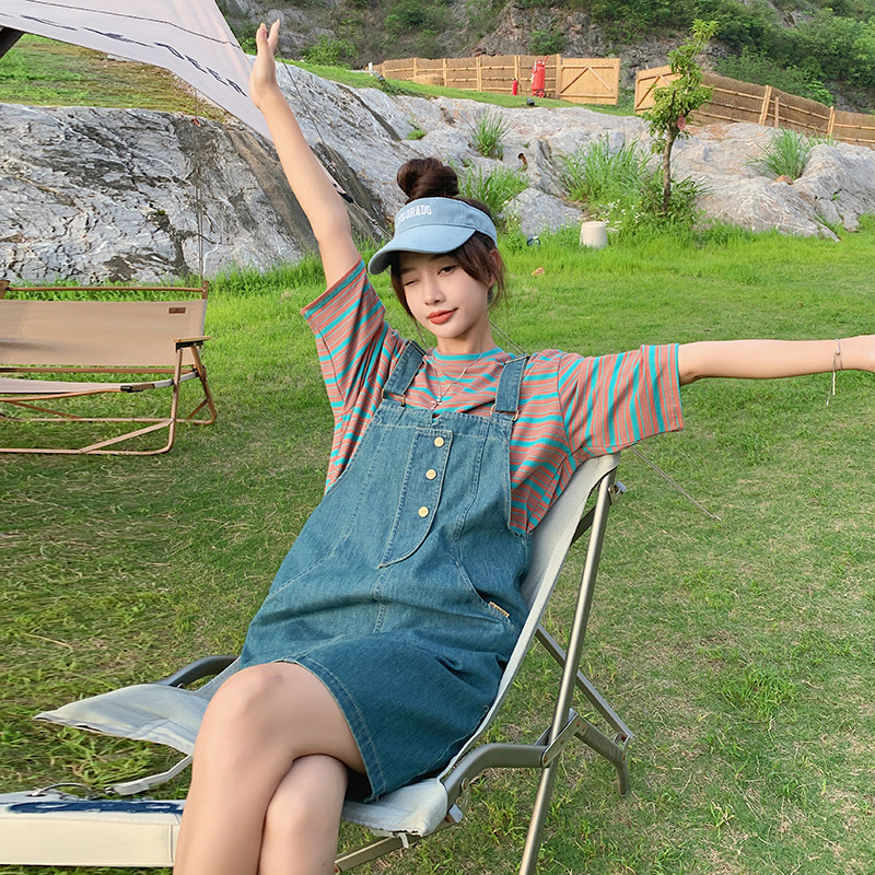 2025夏装现货牛仔背带裙背带裙套装#3076-P95-K148T恤30，女装连衣裙，唛多