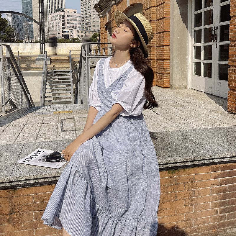 2025夏季连衣裙现货蓝色条纹背心裙#3036-P105/K158-,女装连衣裙,唛多