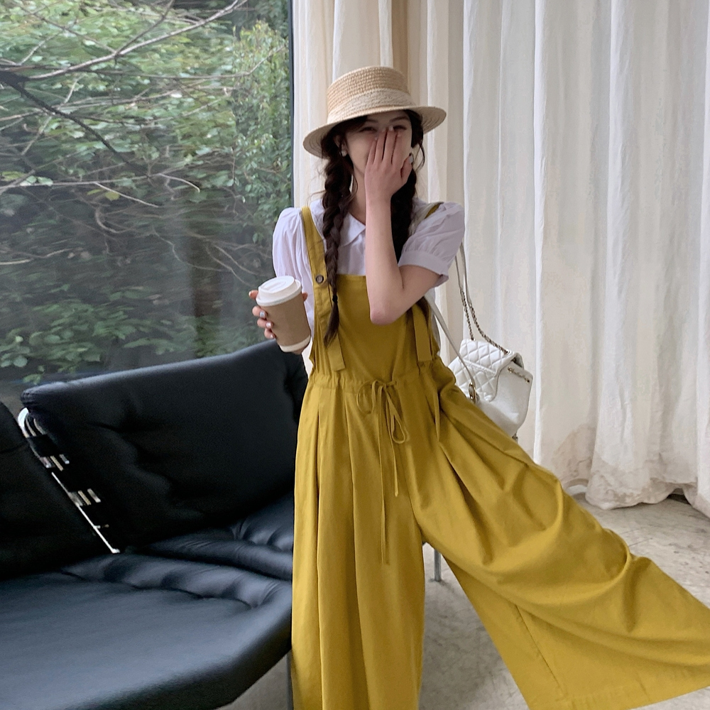 黄色收腰显瘦背带阔腿裤女2025夏季新款韩系小个子减龄宽松连体裤，女装休闲裤，唛多