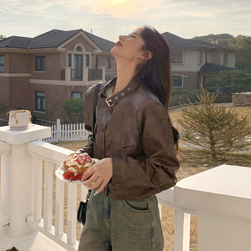 2026年春款现货设计感复古风气质短款皮衣外套#1025P130-K188，女装皮衣，唛多