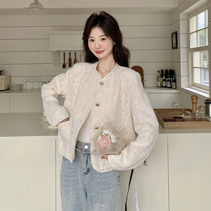 白色蕾丝小香风外套女2025春季新款法式超好看气质名媛高级感上衣,女装短外套,唛多