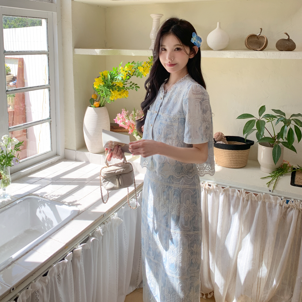 小香风蕾丝刺绣上衣半身裙两件套2025夏季新款高级感miu系套装裙，女装套装/套裙，唛多