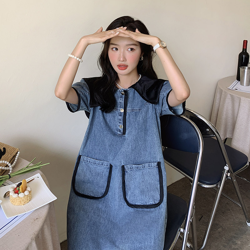 学院风海军领牛仔连衣裙女夏季2025新款设计感温柔风别致独特裙子,女装连衣裙,唛多