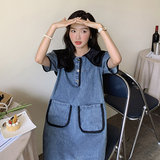 学院风海军领牛仔连衣裙女夏季2025新款设计感温柔风别致独特裙子，女装连衣裙，唛多