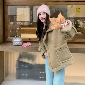 2025冬季新款 现货 松绿色羊羔毛外套加厚#25181-P185-K278图片 2025冬季新款 现货 松绿色羊羔毛外套加厚#25181-P185-K278图片