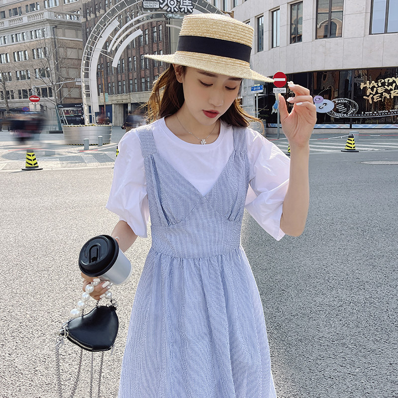 2025夏季连衣裙现货蓝色条纹背心裙#3036-P105/K158-,女装连衣裙,唛多