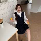 2025春秋新款韩系藏青色衬衫背心裙女学院风减龄连衣裙，女装连衣裙，唛多