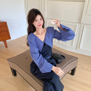 miu系格子拼接休闲套装女2025春夏新款一字肩衬衫阔腿裤两件套潮图片