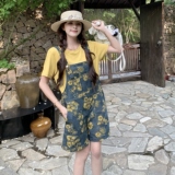 学院风碎花牛仔背带裤套装女夏2025新款小个子两件套大方得体韩系，女装套装/套裙，唛多