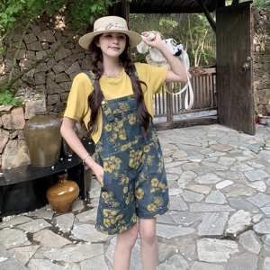 学院风碎花牛仔背带裤套装女夏2025新款小个子两件套大方得体韩系图片