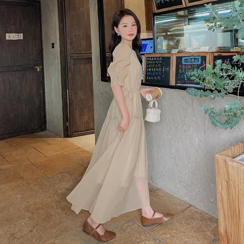 法式香槟色连衣裙女夏季2024新款泡泡袖收腰气质超仙绝美仙女长裙,女装连衣裙,唛多