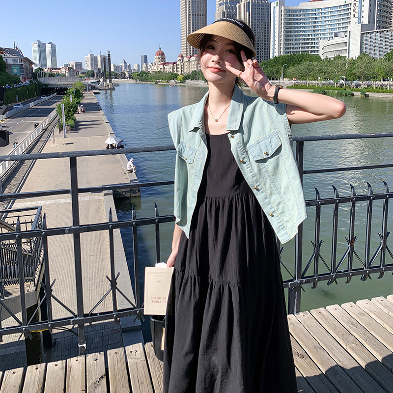 2026夏季现货高级感牛仔套装马甲+背带长裙#3096-p135-k198,女装套装/套裙,唛多