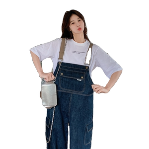 韩版复古水洗高腰牛仔背带裤女2025春秋季新款显瘦阔腿直筒连体裤图片