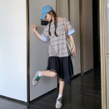 休闲减龄韩系连衣裙女2025夏新款蕾丝花边假两件拼接条纹短袖裙子，女装连衣裙，唛多