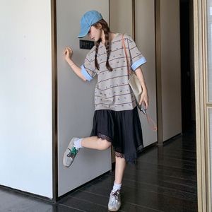 休闲减龄韩系连衣裙女2025夏新款蕾丝花边假两件拼接条纹短袖裙子图片