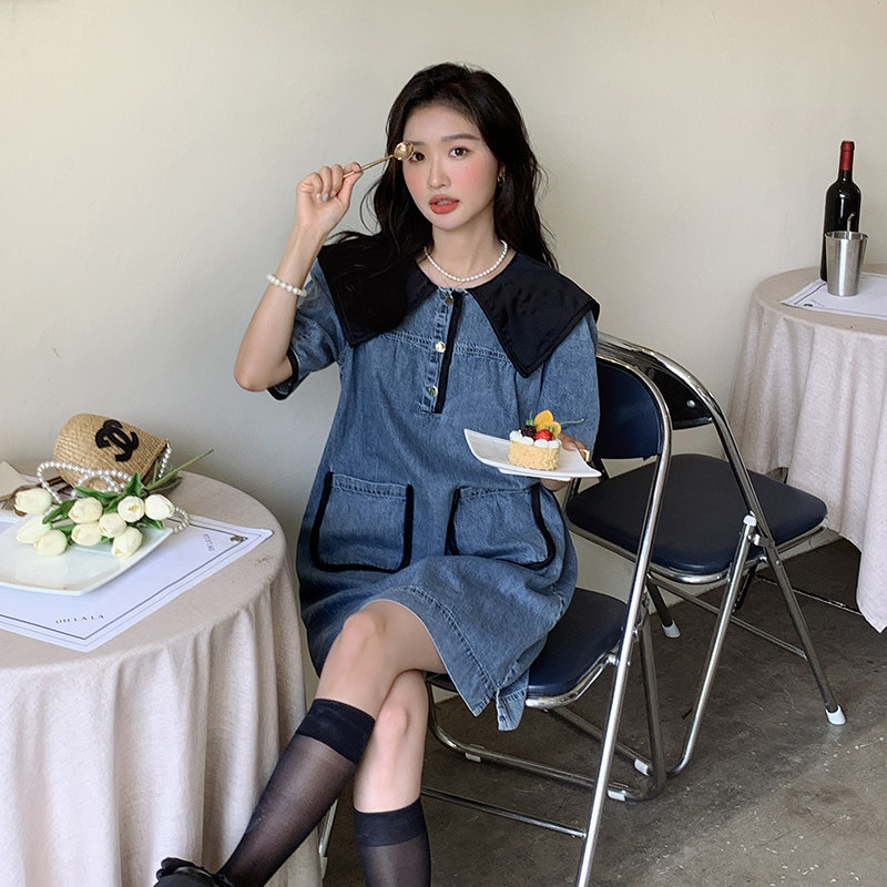 学院风海军领牛仔连衣裙女夏季2025新款设计感温柔风别致独特裙子,女装连衣裙,唛多