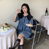 学院风海军领牛仔连衣裙女夏季2025新款设计感温柔风别致独特裙子，女装连衣裙，唛多