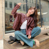 安哥拉红PU皮外套女2025春季新款设计感立领时尚百搭短款夹克上衣，女装皮衣，唛多