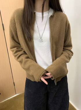 高品韩系拉链羊毛衫毛衣女老钱风焦糖色系实拍2026秋冬新款