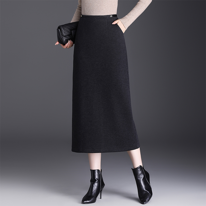 羊毛呢半身裙女秋冬新款高腰修身包臀裙口袋时尚直筒开叉一步裙厚