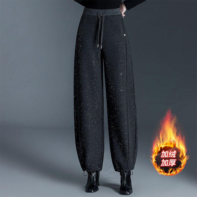 加绒亮片毛呢弯刀裤女秋冬高腰修身阔腿口袋时尚直筒收脚休闲裤厚