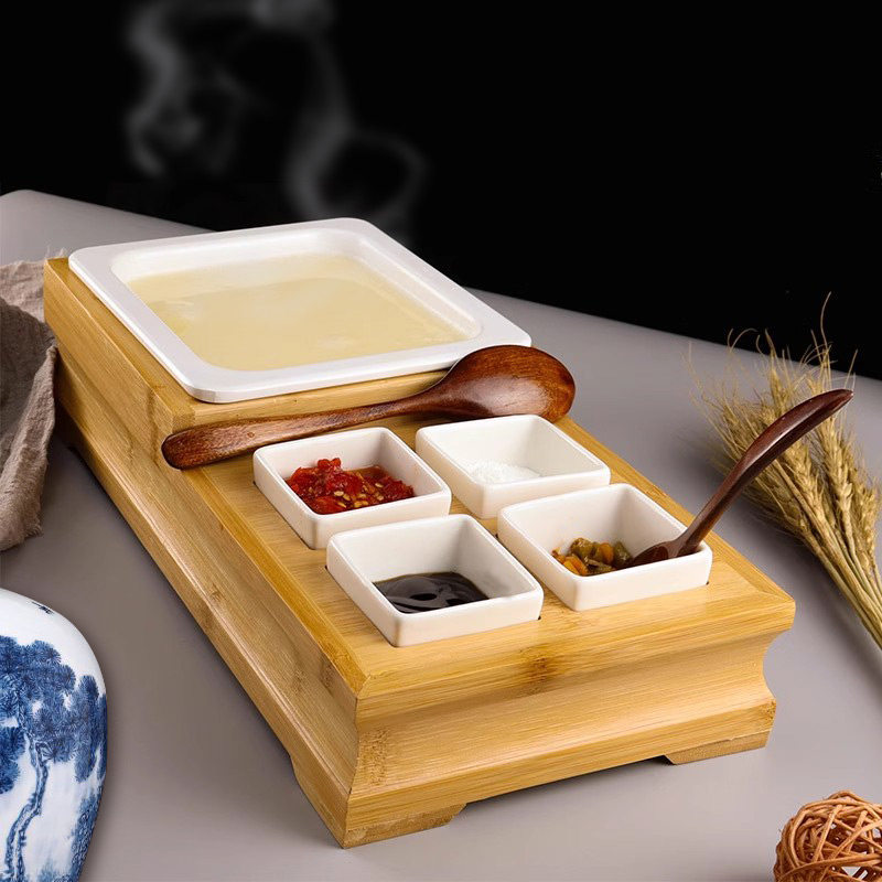 竹餐具组合陶瓷套装调料盒创意竹制方形托盘个性豆腐盒多格子商用