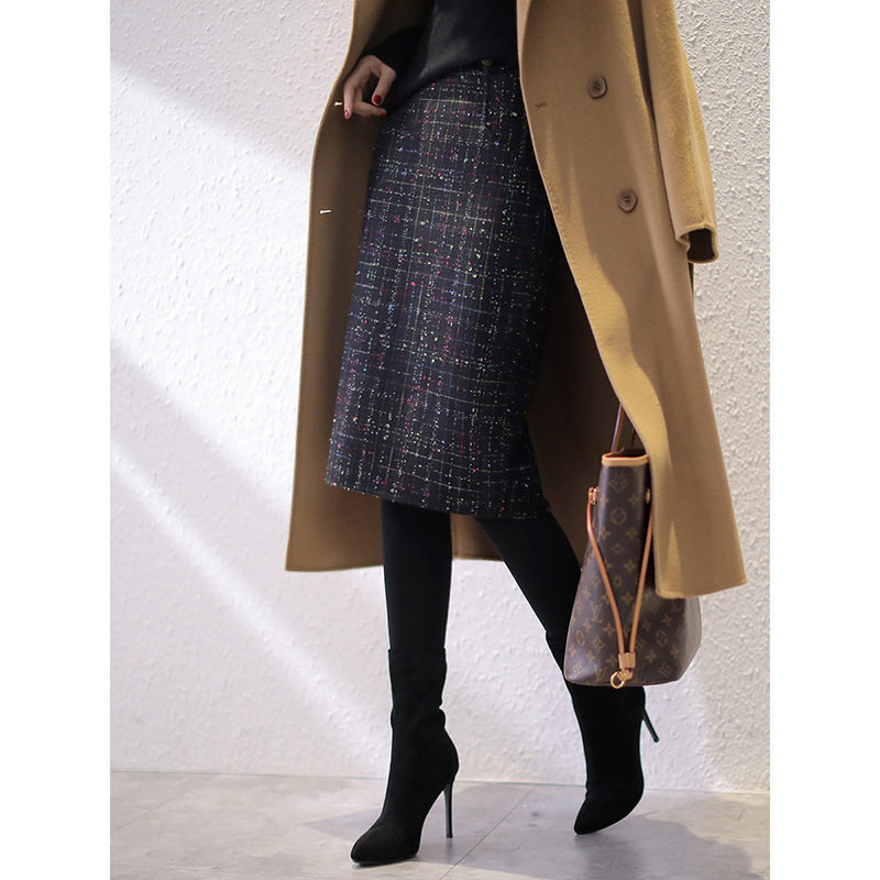 毛呢格子半身裙女秋冬高腰显瘦气质通勤双面呢子中长款一步包臀裙