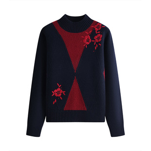 半高领长袖藏青色针织衫女2026年早春新款设计感小众花卉刺绣上衣